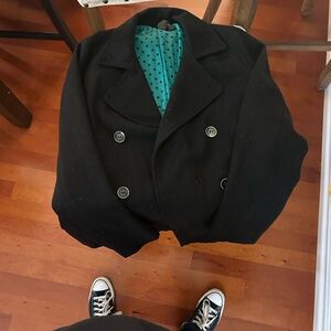 Lost Black Pea Coat with Teal Lining